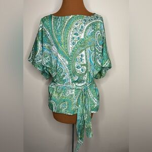 Talbots Silk Paisley Green White Pullover Blouse Short Sleeve Size MP